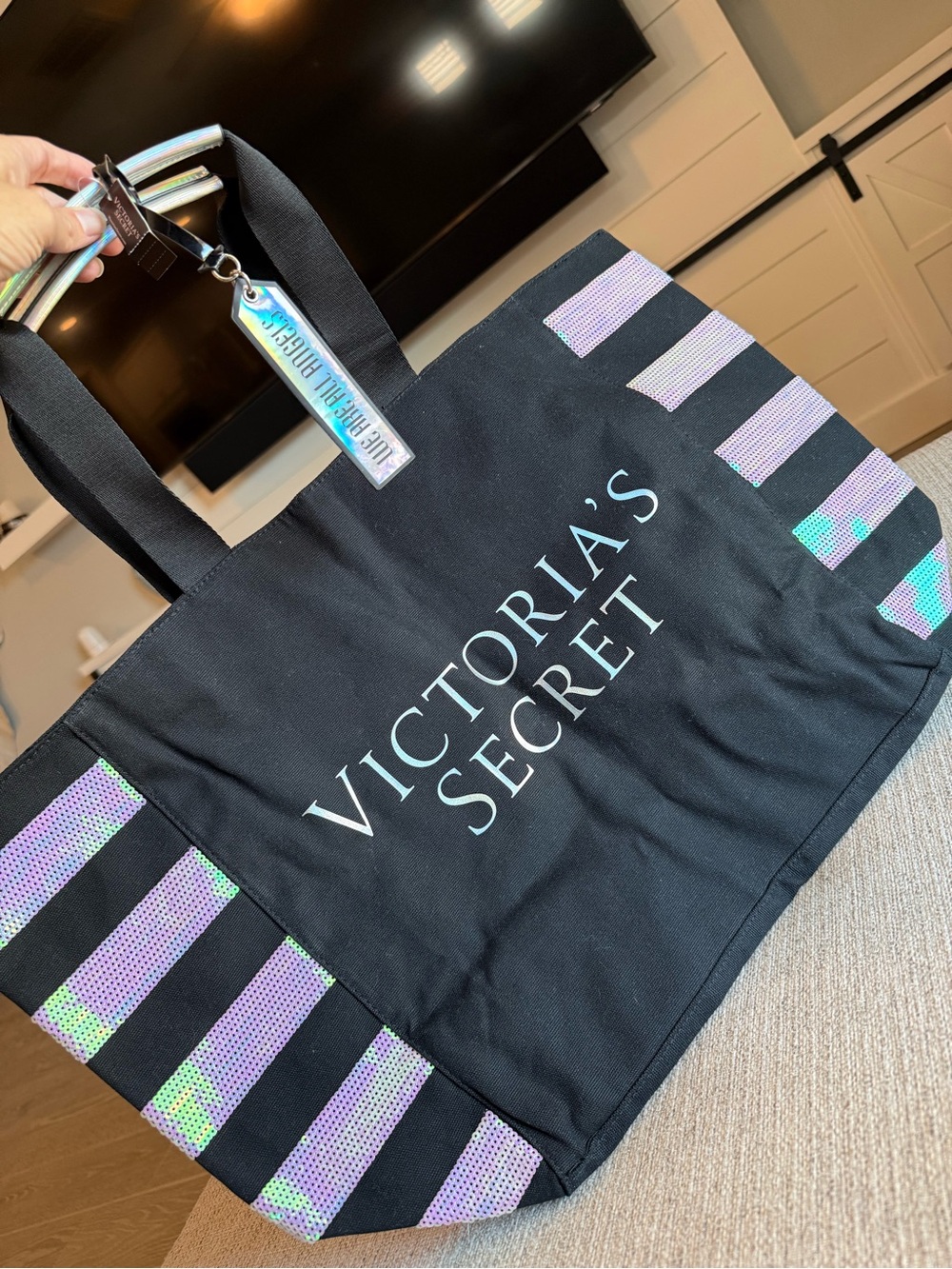 Victoria's Secret Black Tote with Iridescent Lavender sequin Stripe Accents